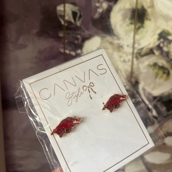 Canvas Style Arkansas Razorback Earrings - Picture 2 of 3